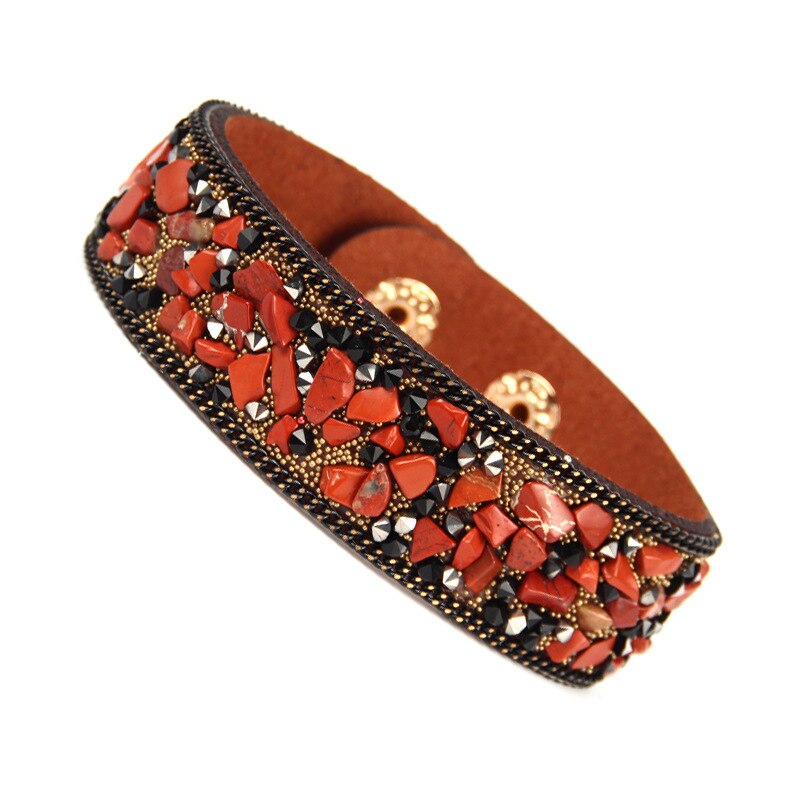 Pulsera de cuero con incrustaciones exageradas para mujer, brazalete con piedras naturales rotas de colores, joyería Unisex