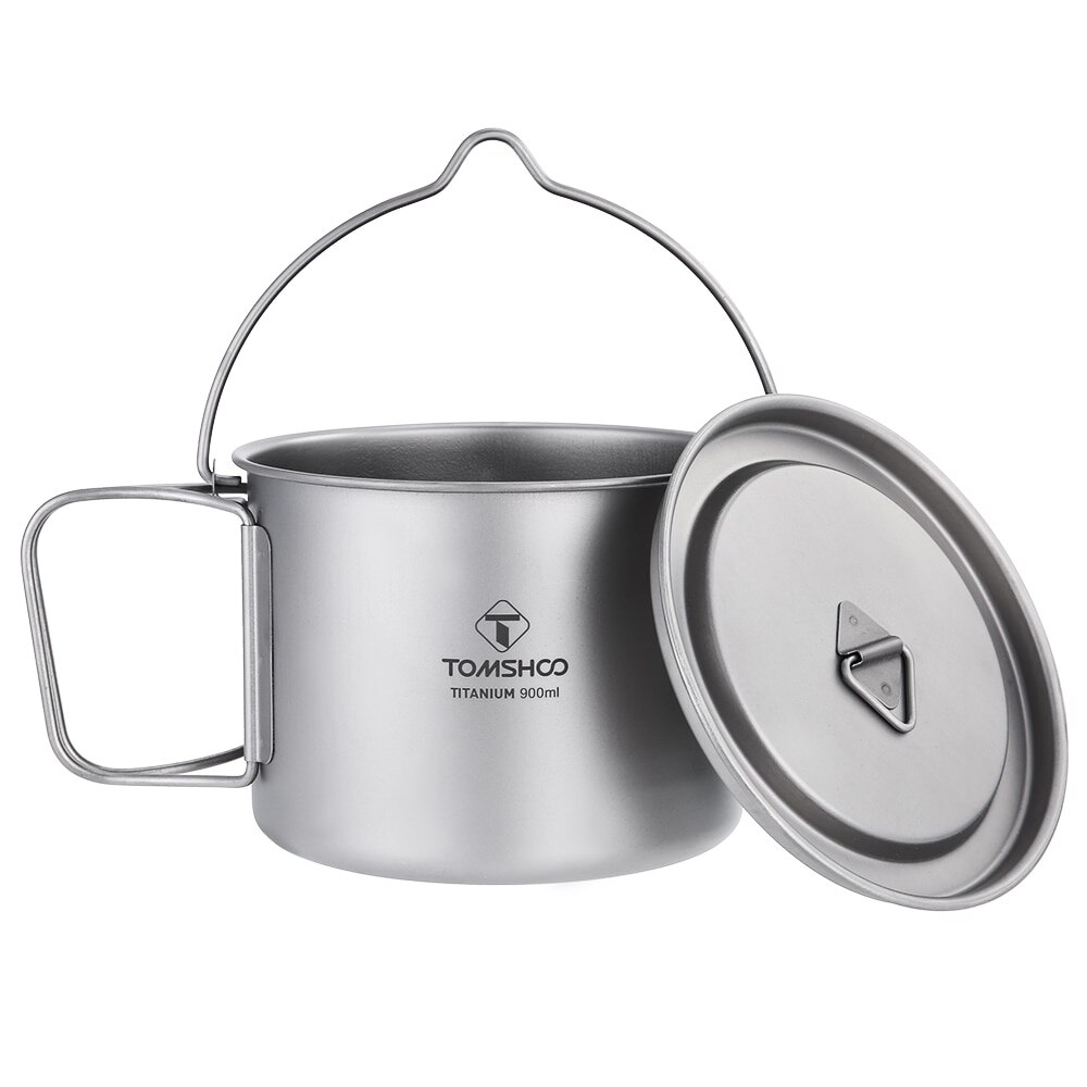 TOMSHOO 900ML Portable Titanium Pot Titanium Water Mug Cup with Lid and Foldable Handle for Outdoor Camping Cooking Picnic