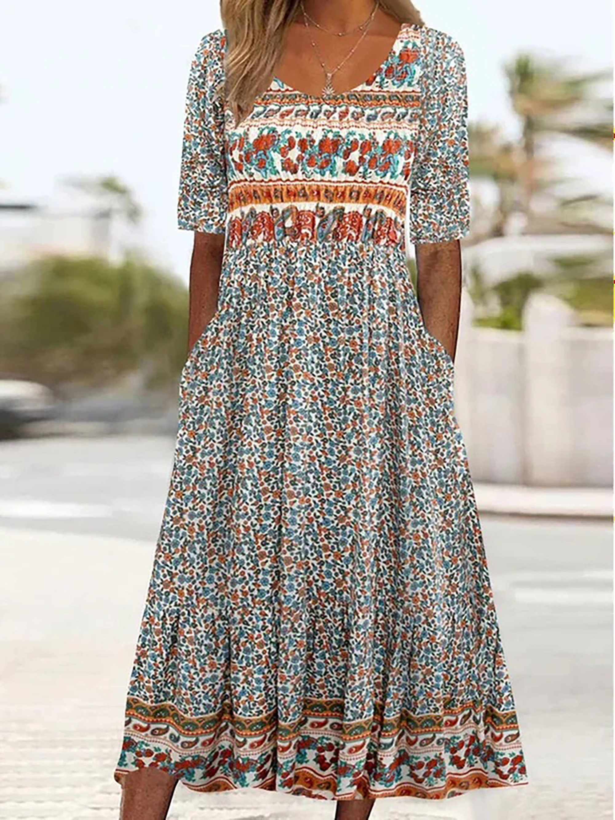 Robe longue style bohémien pour femmes, ample, imprimée, col rond, manches courtes, été 2025: XXXL / Marron
