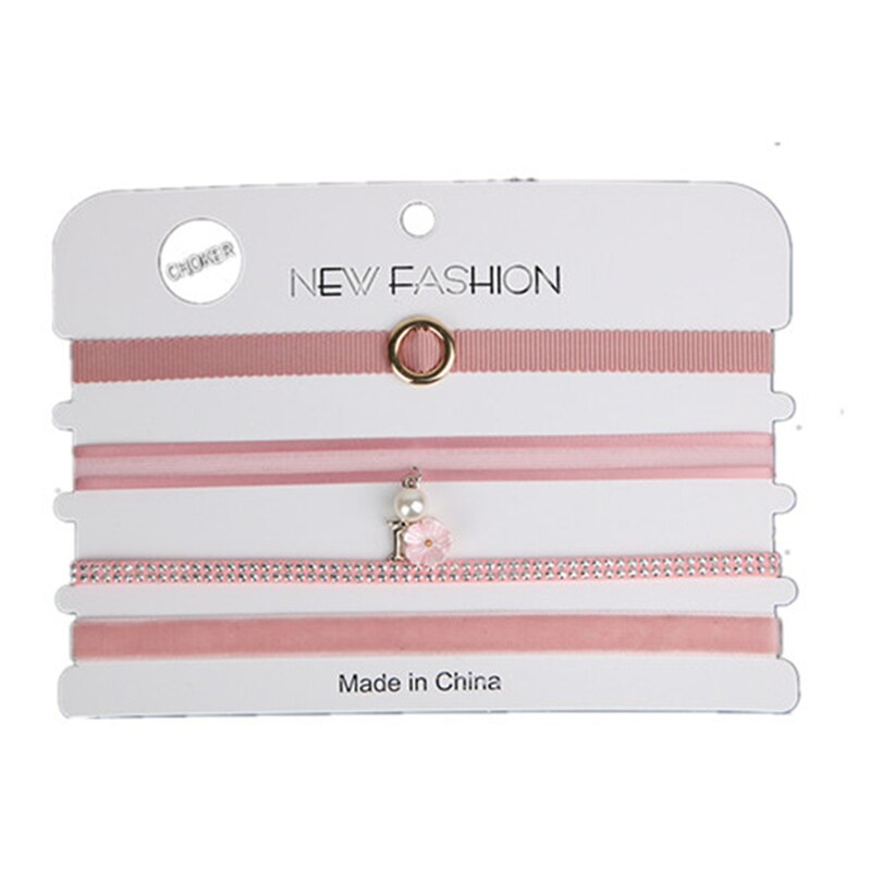 4 Stks/set Lady Fluwelen Zwart Kant Fluwelen Strip Vrouw Kraag Partij Sieraden Hals Accessoires Chokers Handgemaakte Ketting: Pink