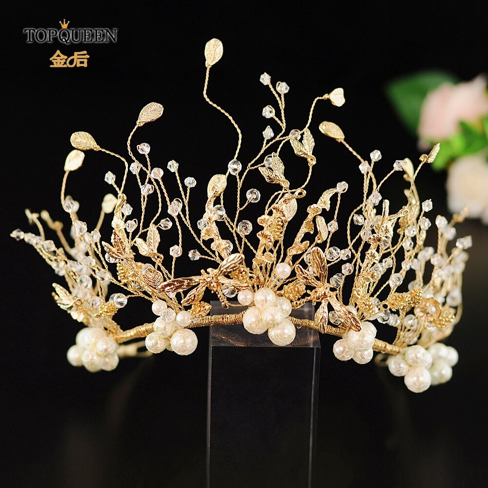 TOPQUEEN Wedding Tiara and Crown Pearl Bride Hair Jewelry Handmade Crystal Wedding Hair Accessories Bridal Headpieces HP214