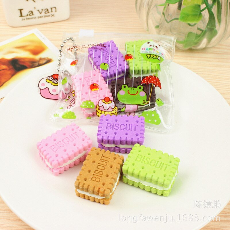 4 st/paket söt tecknad kaka kex gummi suddgummi set godis färg student barn skola kontorsmaterial