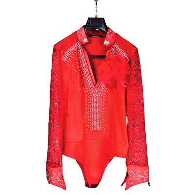 Ballroom Latin Dance Shirts Male Black Long Sleeve Lace V Collar Shirt Men Samba Cha Cha Dancing Tops Performance Wear: Red / XXXL