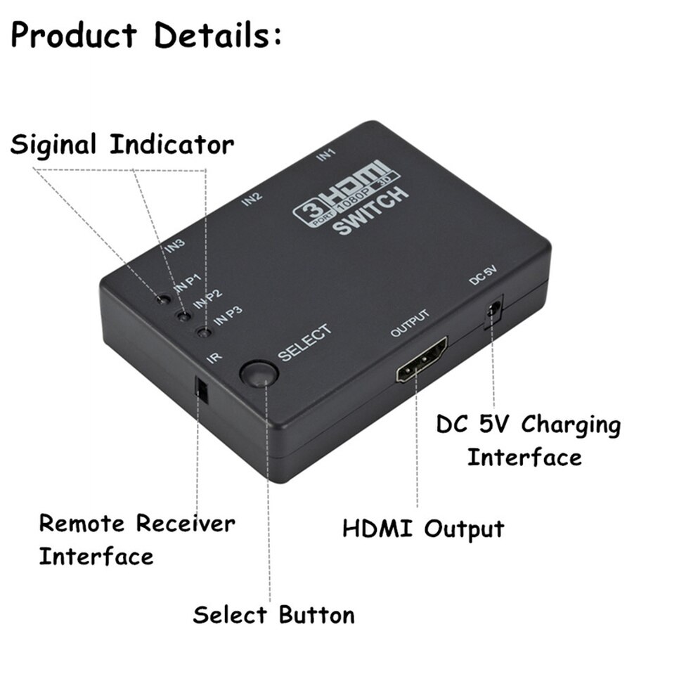 Hdmi Switcher 3 In 1 Out Hub Box Auto Switch 1080P Hd 1.4 Met Afstandsbediening 3in1 Hdmi splitter Voor Projector Hdtv XBOX360 Dvd