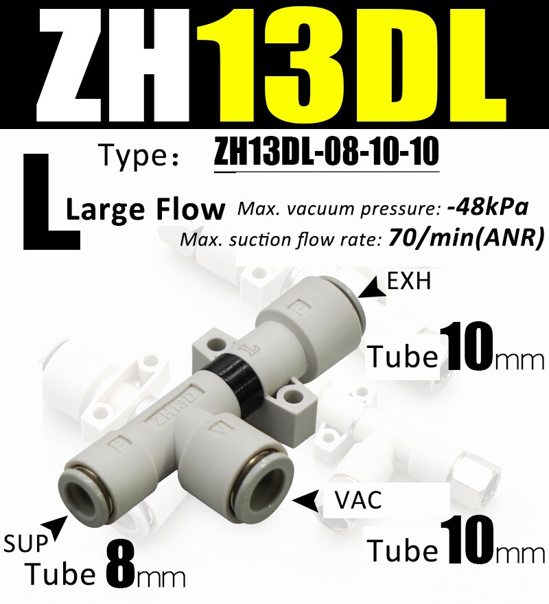 ZH Vacuum pneumatic ejector ZH05DL-06-06-06 pneumatic vacuum generator negative pressure vacuum connector ZH05/07/10/13 DL DS: ZH13DL-08-10-10