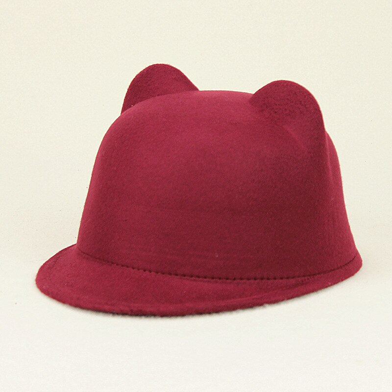 QBHAT Faux Wool Fedora Hats with Cute Cat Ears Solid Plain Casquette Hat Casual Equestrian Parent-child Cap for Women Kids: Burgundy / 55to57cm