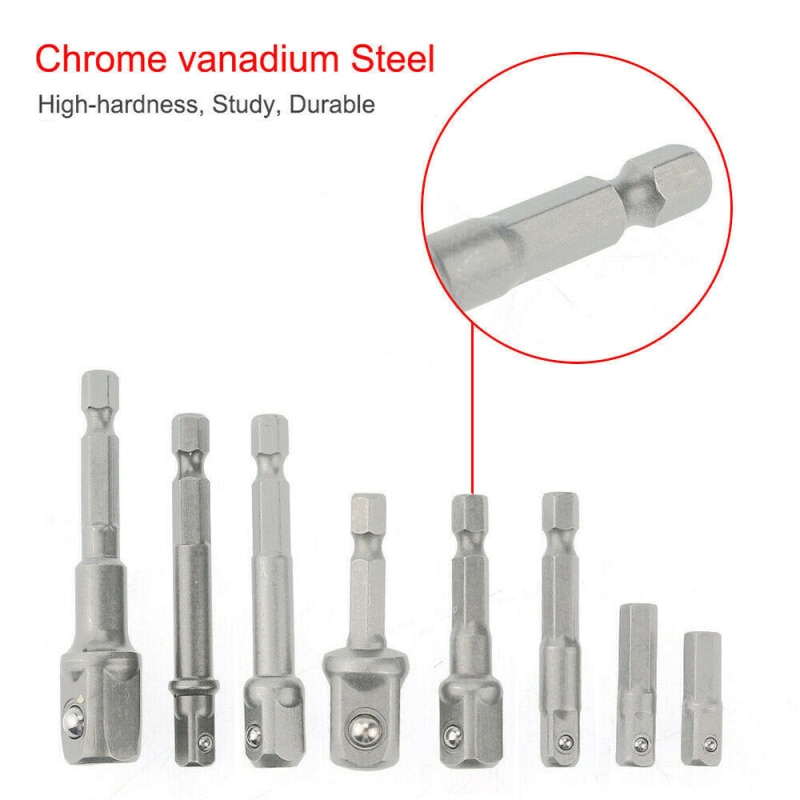 8PCS Drill Socket Bit Adapter for Impact Driver with Hex Shank To Square Socket Drill Bits Bar Extension 1/4 3/8 1/2 Bit Set