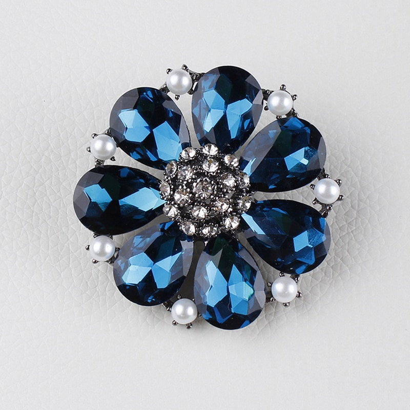 Blue Glass Crystal Bauhinia Flower Brooch Pins for Sweater