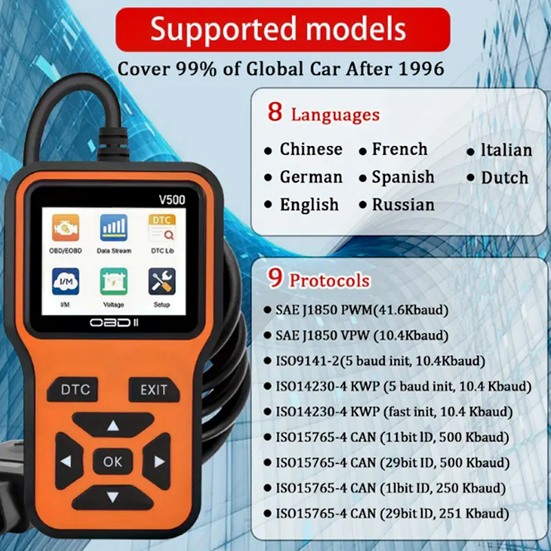 OBD2-scanner V500 - Directe codelezer en spanningscontrole voor volledige systeemdiagnose van OBDII/CAN-voertuigen en foutanalyse van 0s