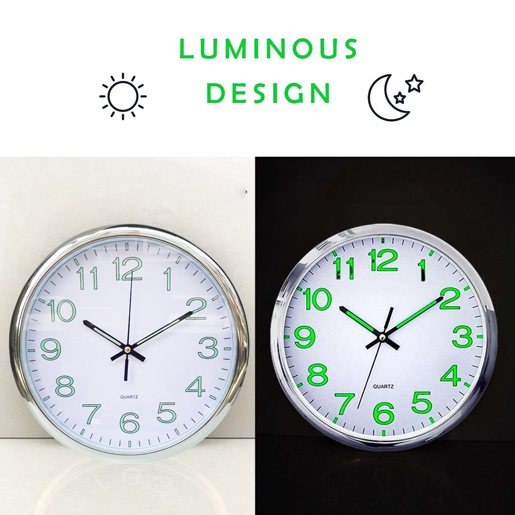 Modern Night Light Wall Clock, 12 Inch Quartz Clocks, Large Luminous Numbers and Hands, Battery Operated Decorative Wall Clock