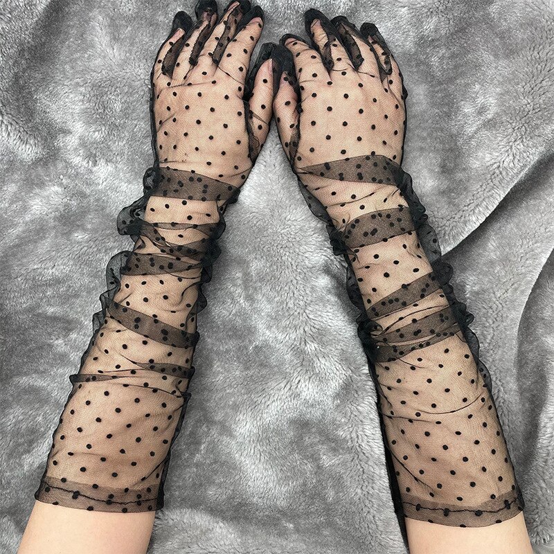 Gants en Tulle pour femmes, 1 paire, transparents, courts, imprimés à pois, noirs, blancs, en maille, pour soirée en Club, robe de danse,: H-60x8cm