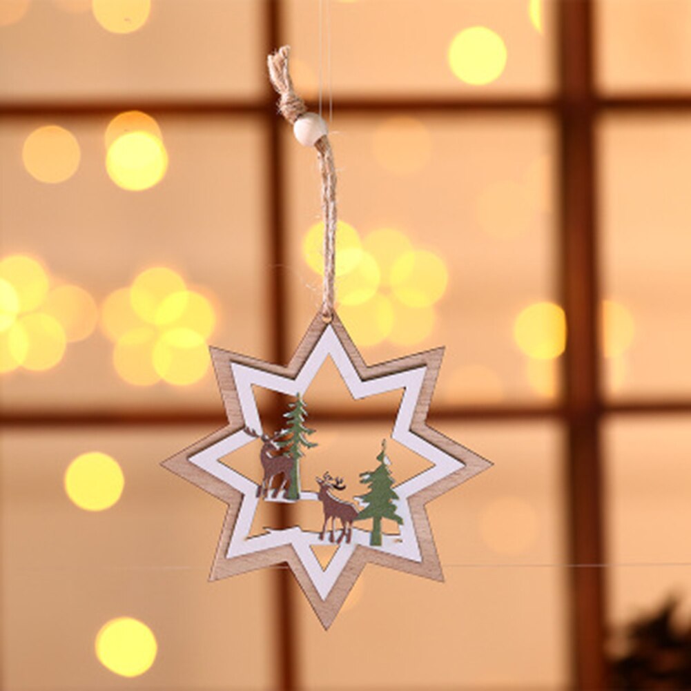 3D Christmas Ornament Wooden Hanging Pendants Star Xmas Tree Bell Christmas Decorations for Home Party S55: octagonal deer