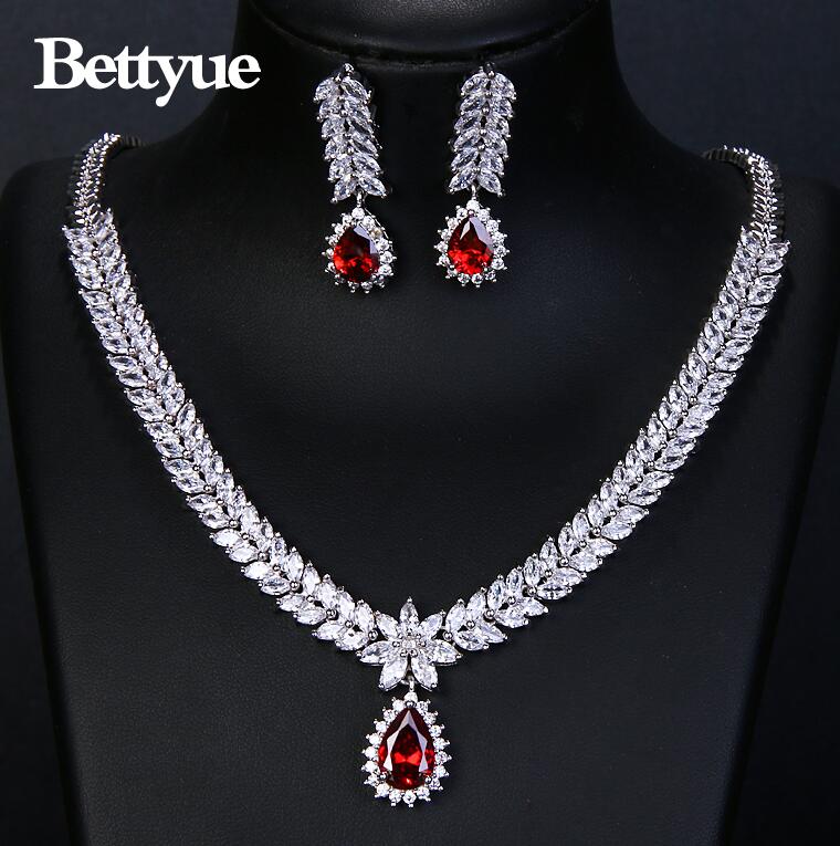Bettyue charmerende elegance cubic zircon multicolor europa og amerika stil smykkesæt kvinder ædel ornament: Rød
