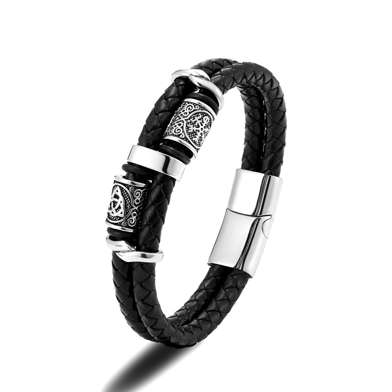 Mkendn punk vikingstil rustfritt stål kompass norrøne runer amulettperler flettet flerlags lærarmbånd mann pulsera: 19cm / Varm stempling