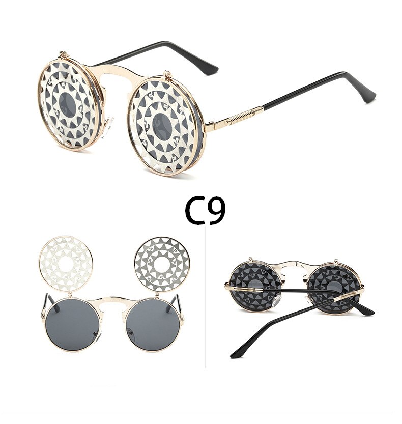 Steampunk Round Flip Up Sunglasses Unisex Retro 90s Rave Party Selfie Accessory 226-238