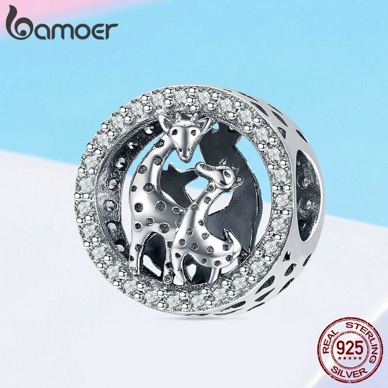 BAMOER 925 Sterling Silver Giraffe Family Animal Beads Clear CZ Charms Fit Charm Bracelets Necklaces DIY Jewelry Making SCC997