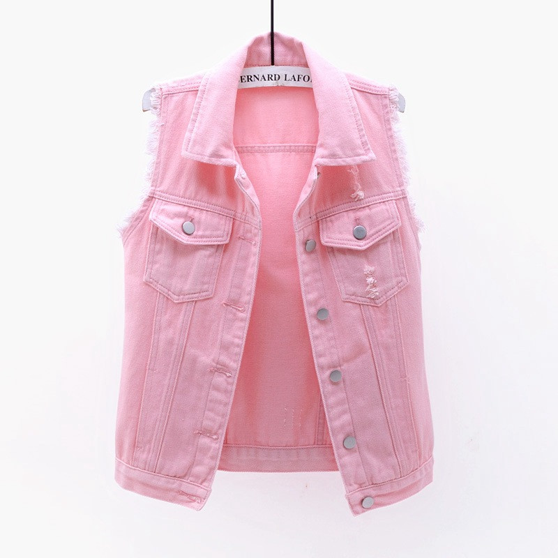 Lila ärmellose Jeansjacke Damen Sommermode einreihige Jeansweste Mantel Vintage passende Jeanswesten Indie Weste: XL / Rosa