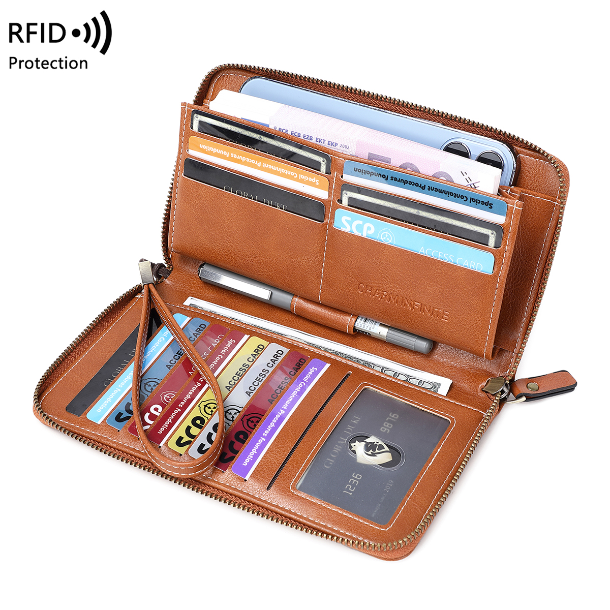 RFID anti-diefstal borstel portemonnee voor dames, meerdere sleuven, vintage, grote capaciteit, multifunctionele, stijlvolle clutch met polsband: Chocolade