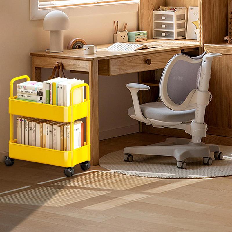 Estante de pie, organizador de libros de 2 niveles, estantería móvil multifuncional, carrito, estante de almacenamiento de aperitivos, carrito de estantería portátil