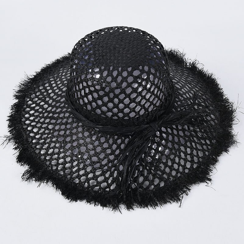 USPOP hollow-out raffia straw hat casual natural straw sun hats wide brim beach hat: Black