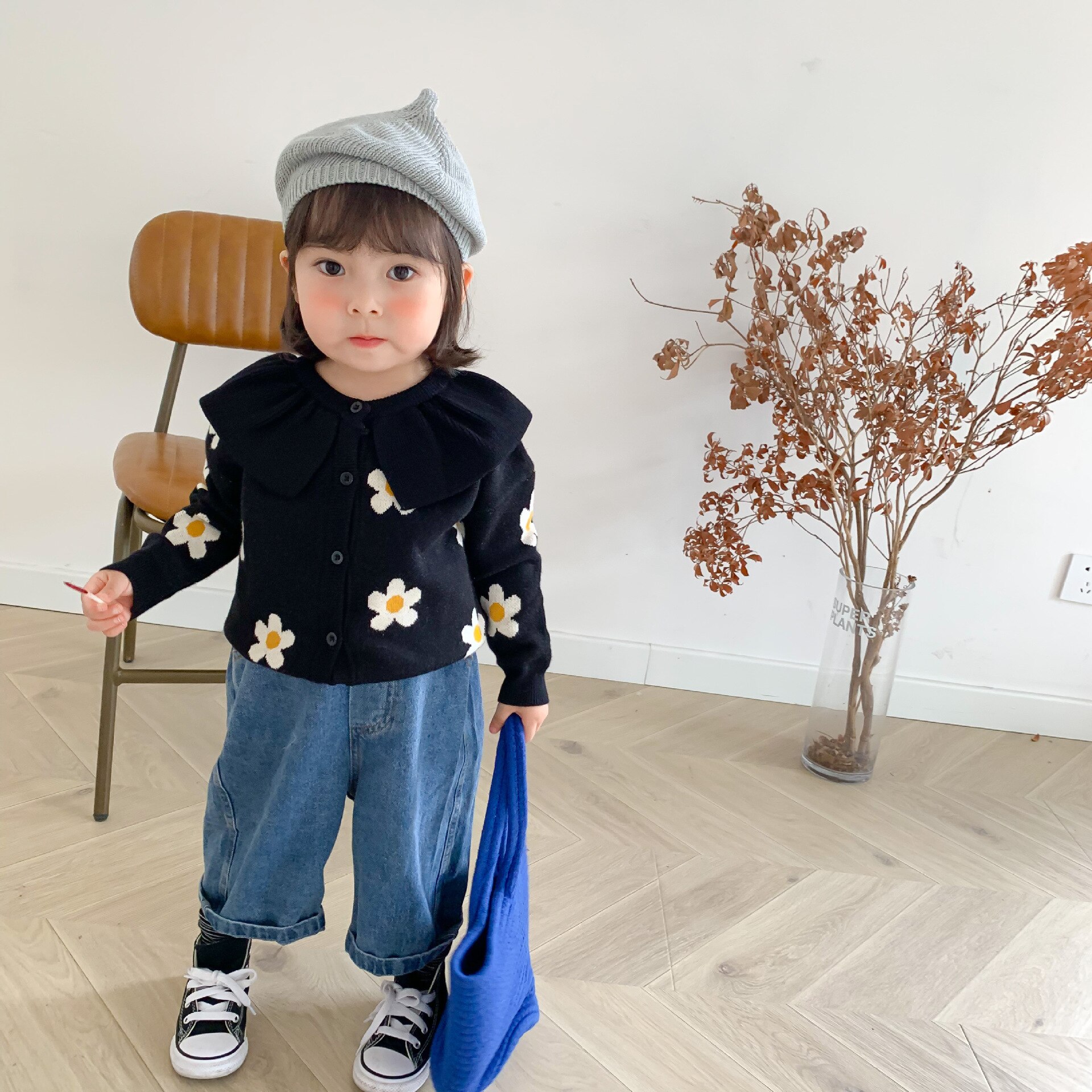 Efterår piger striktrøjer børn blomstertrøjer børn cardigan: Sort / 2t