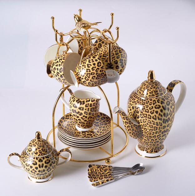 Leopard print knogle kina kaffesæt luksus porcelæn te sæt avanceret pot kop keramisk krus sukker skål flødekande tekande drik