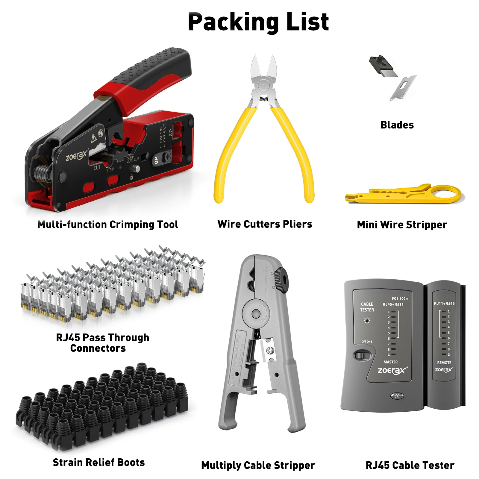 ZoeRax Network Tool Kit - Cat7 Cat6A Cable Tester, Crimper, Wire Cutter, Connectors, Boots, Ties, Screwdrivers