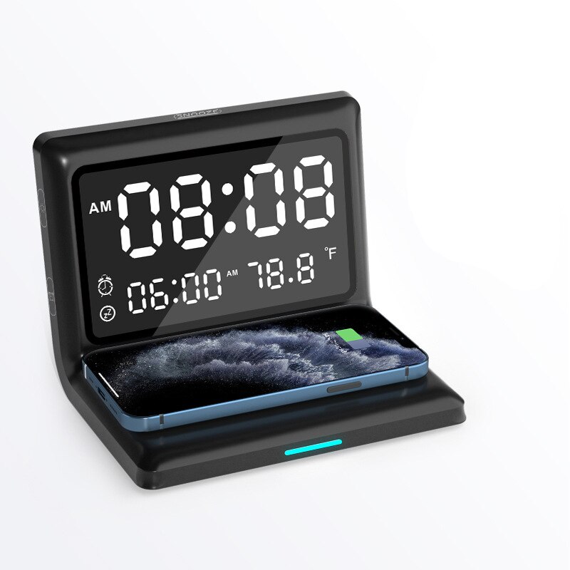 6 In 1 Wekker Draadloze Oplader Met Digitale Thermometer Led Bureaulamp Voor Slaapkamer 15W Mobiele Telefoon Snelle lader: Black