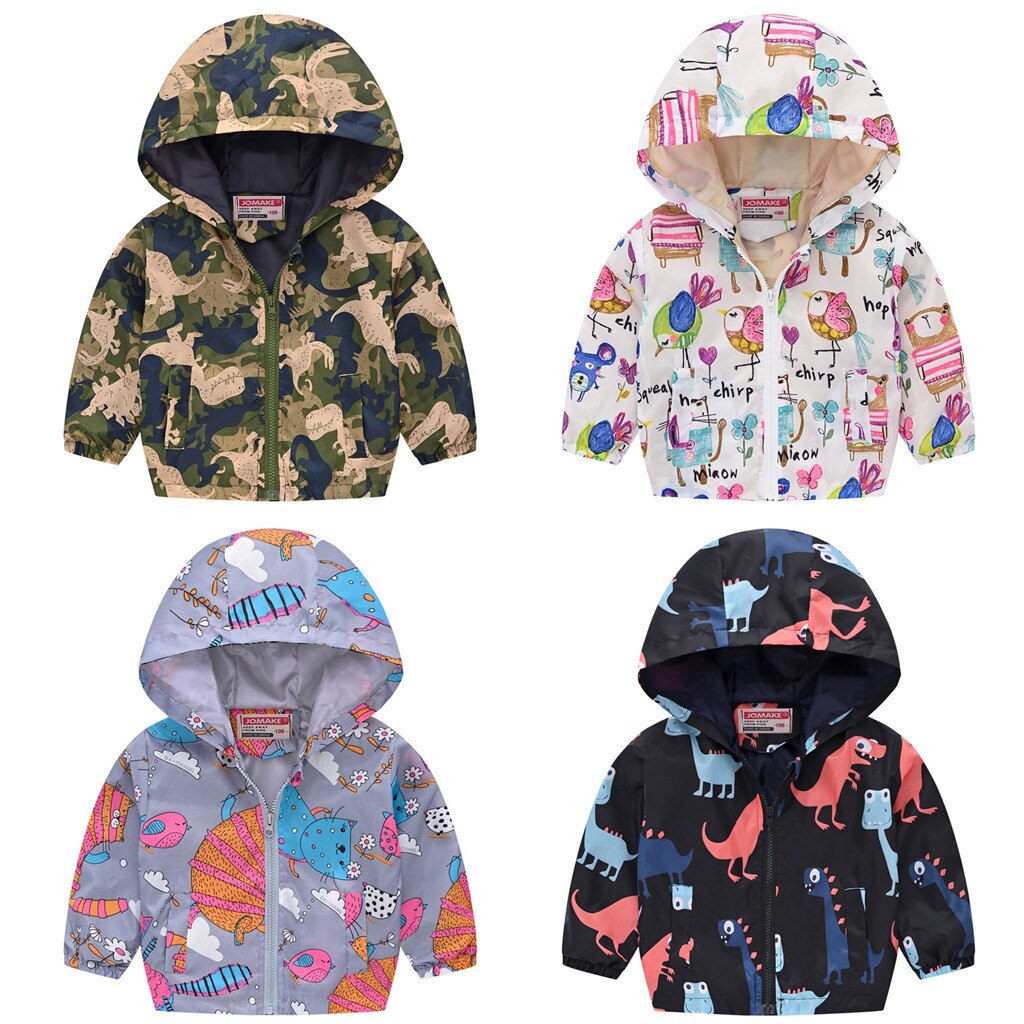 Children Spring Autumn Jacket For Girls Boys Long Sleeve Thin Hooded 12M-5Y Boy Girl Cartoon Printed Zipper Coat Windbreaker