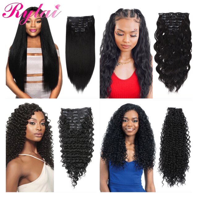 Long Kinky Curly Straight Clip In Hair Extensions Deep Natural Wave 140G 7Pcs/Lot Full Head Clip On Synthetic Hair By RYLAI: #1B / 24inchesNatural Wave