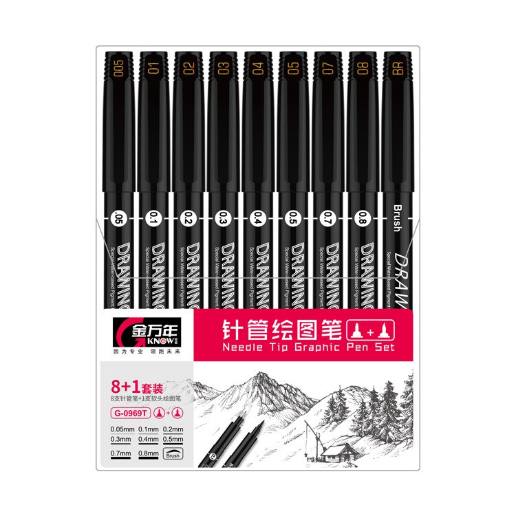 9 stk nålespiss grafisk tegning pennesett mikron finne liner markør skisse pensel kunst vannbasert pigment blekk vanntett  a6150: misligholde tittel