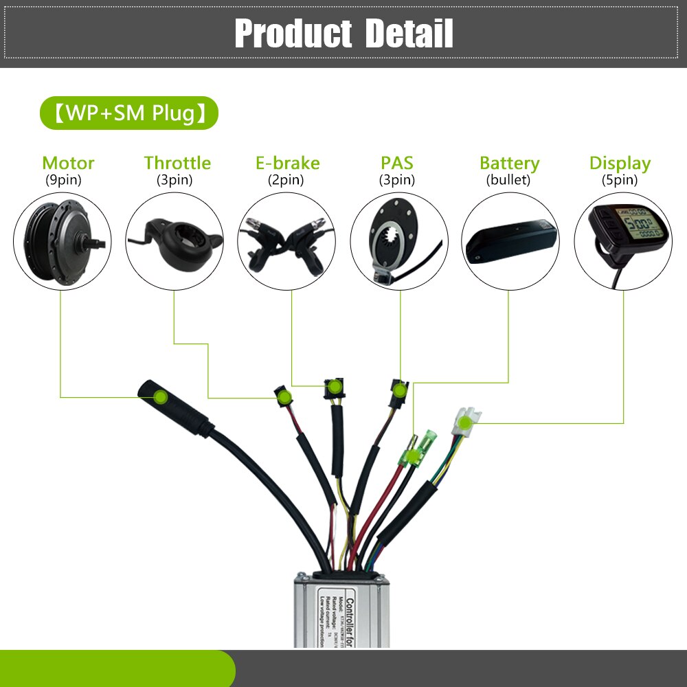 Elektrische Fiets Controller Kt 17A 36V48V 250W 350W 6 Mosfet Borstelloze Motor Controller Met Licht Functie Voor Conversie kit