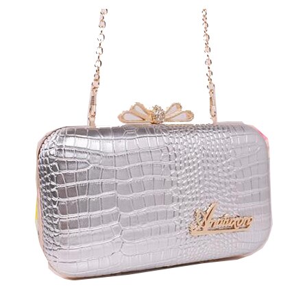 wave of female crocodile pattern chain handbag ladies shoulder bag evening clutch bag box make up bag mobile phone bag: sliver