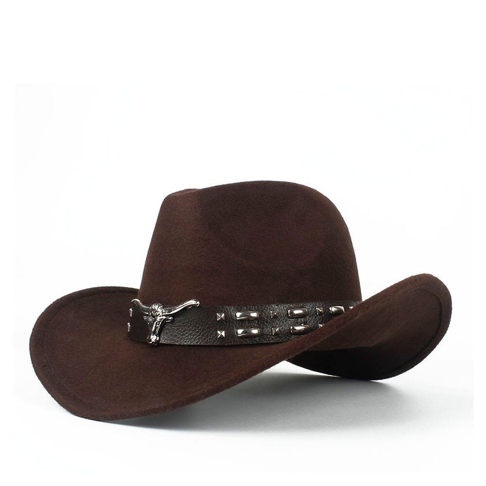 Kvinder mænd hule vestlige cowboy hat med tauren bælte vinter efterår jazz outback jazz toca sombrero cap størrelse 56-58cm: Kaffe