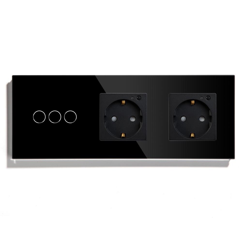BSEED 3 Gang Smart Light Switch With Double Wall Socket 3 Colors Wall Switch 228mm Crystal Glass Panel Work With Tuya App: Black