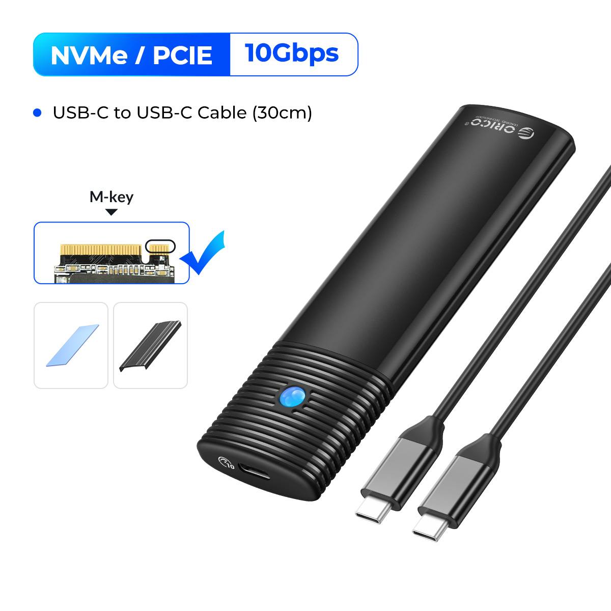 Obudowa ORICO M2 NVMe SSD 10Gbps PCIe M.2 NVMe SATA SSD Przenośna obudowa USB C 3.2Gen2 Bez narzędzi Zewnętrzny adapter z metalowym radiatorem: Niebieski