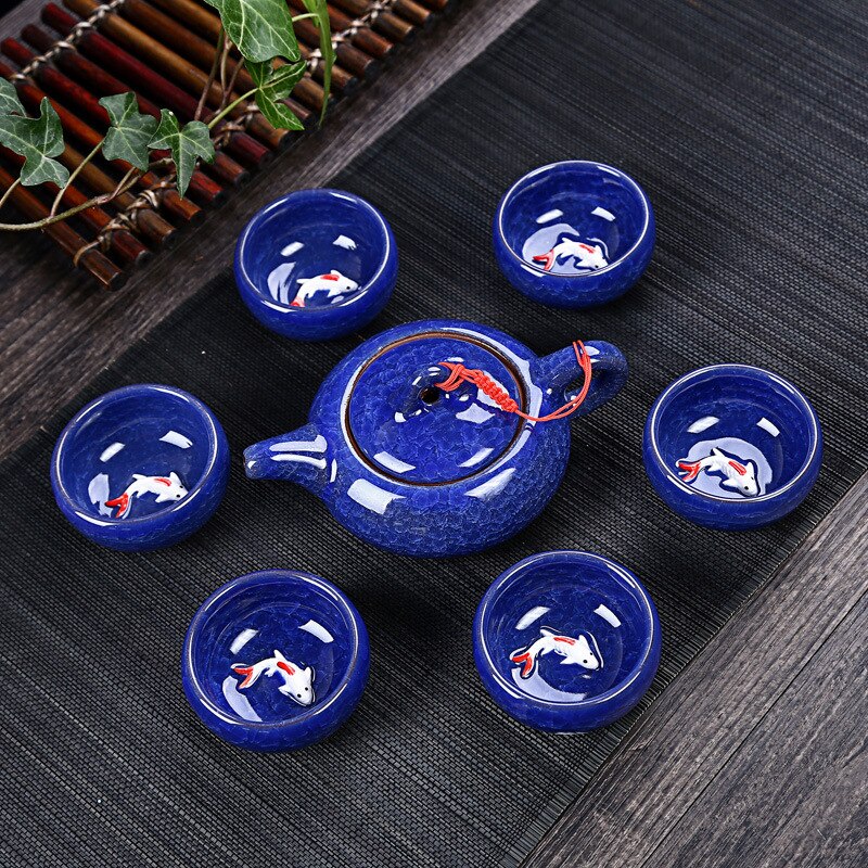 Newl Celadon Fish Tea Set Ceramic Kettle Ceramic Tea Cup Fish Chinese Kung Fu Tea Chinese People Ceramic Kung Fu Tea Set TE889: dark blue