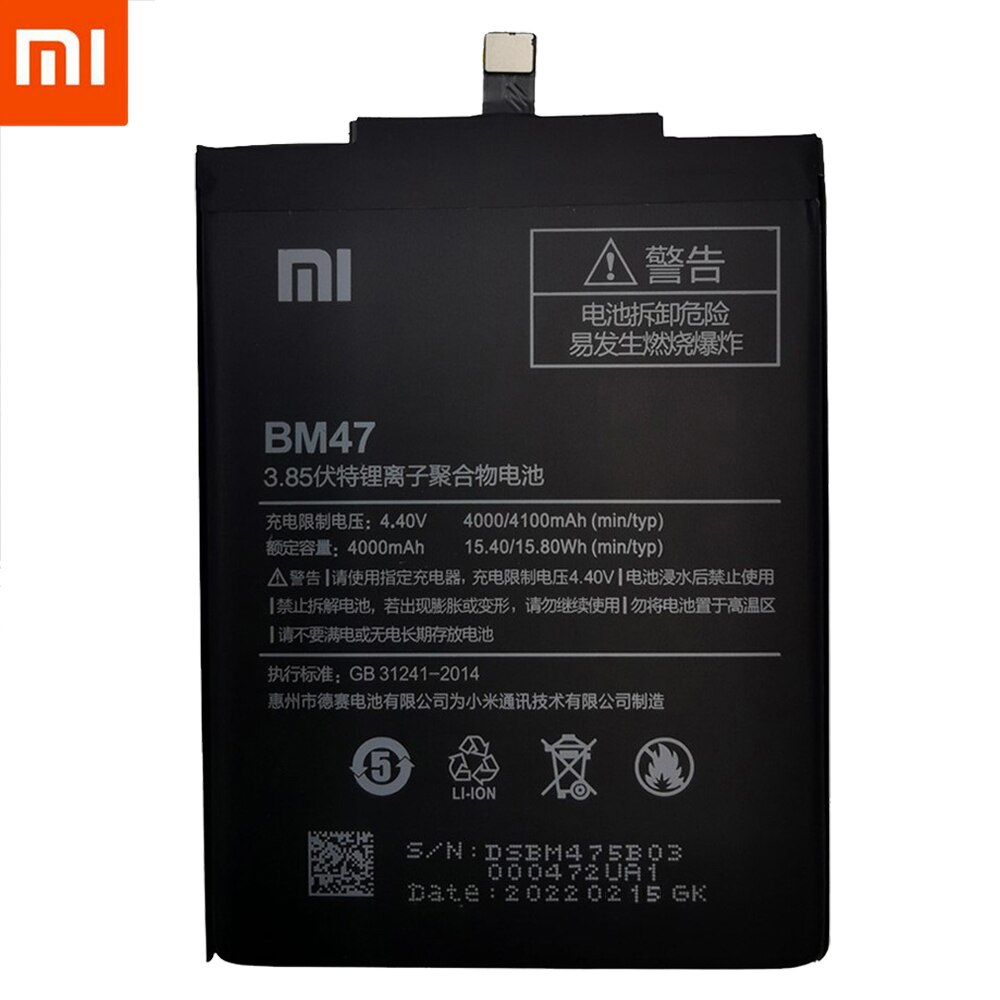 2022 100% Original BM47 Full Capacity 4000mAh Battery For Xiaomi Redmi 3 3S 3X Xiao mi Hongmi Redmi 4x Replacement Batteries