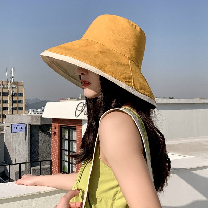 Women's Foldable Wide Brim Sun Hat Ladies Large Size Summer Beach Fisherman Cap Girls Casual Sun Protection Spring Hat: Yellow