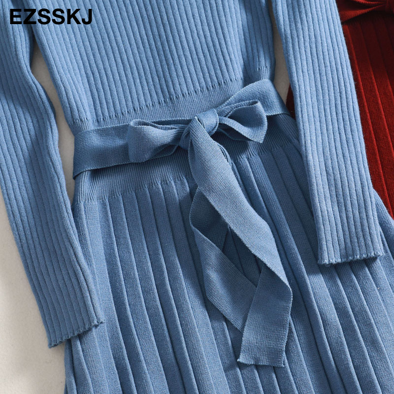 herfst winter maxi trui jurk vrouwen lange mouw OL vrouwelijke lange trui jurk met riem elegante a-lijn solid slim jurk