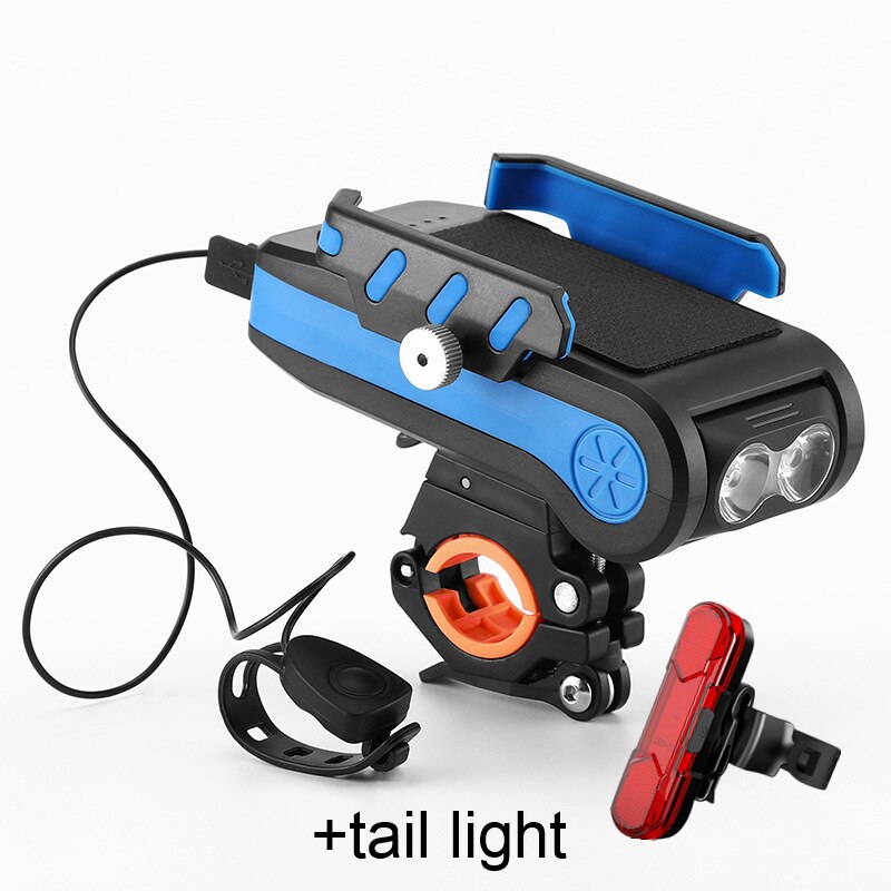 Multifunctional Bicycle Headlight4000mAH Mobile Phone Rack Holder 2x T6 LED 550LM Alarm Bell Horn MTB Mountain Bike Front Flashl: blue 4000