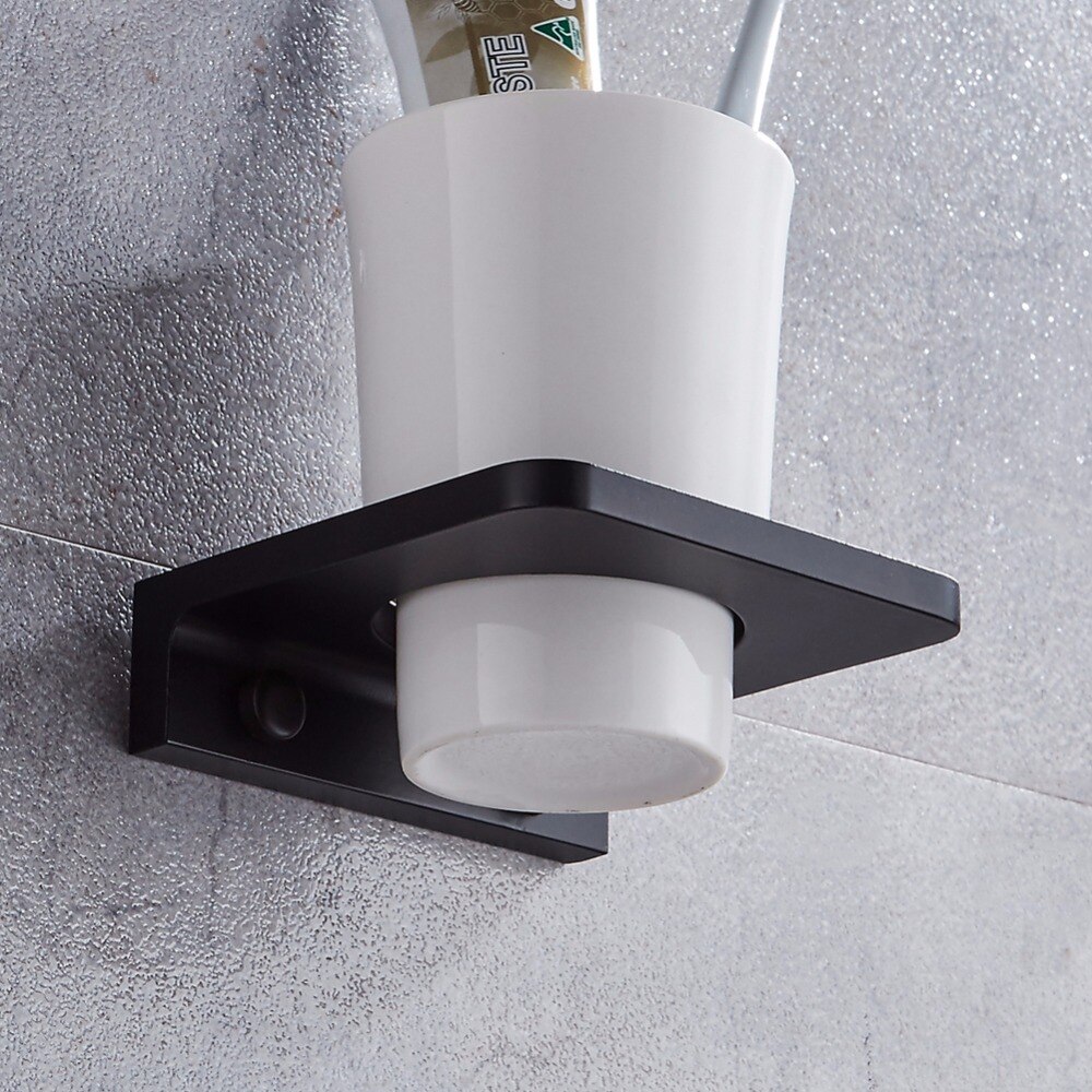 Matt Black Toothbrush Holder Wall Mounted Toothbrush Cup Holder wthite Solid space aluminum Shelves With Single Ceramics Cup Set