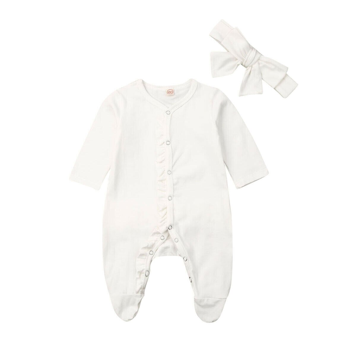 0-12m nyfødte baby dreng pige langærmet flæser ensfarvet bomuld fodfod pandebånd 2 stk nattøj baby tøj: Hvid / 12m
