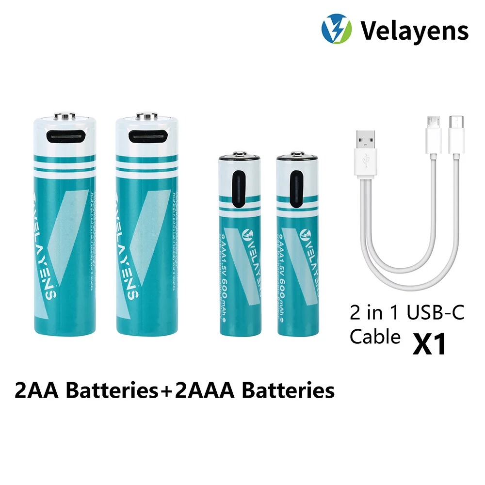 1.5V USB Rechargable Lithium Battery AA 2200mAh + AAA 600mAh Actual Capacity Fast Charging 2000+ Charge Cycles: green