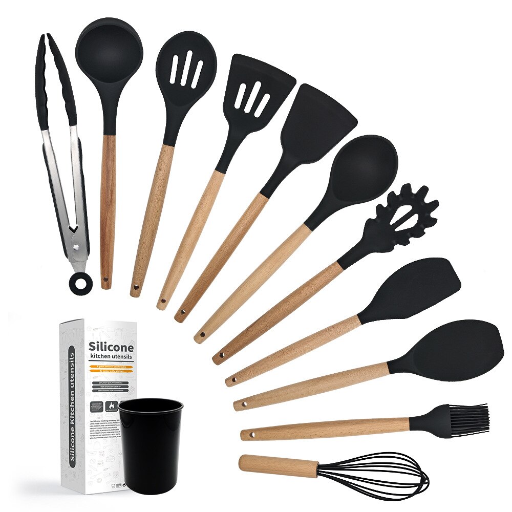 Cooking Utensils Set Heat Resistant Silicone Kitchenware Non-Stick Baking Utensil Kit Storage Box Kitchen Tool Accessorie 12 PCS: F