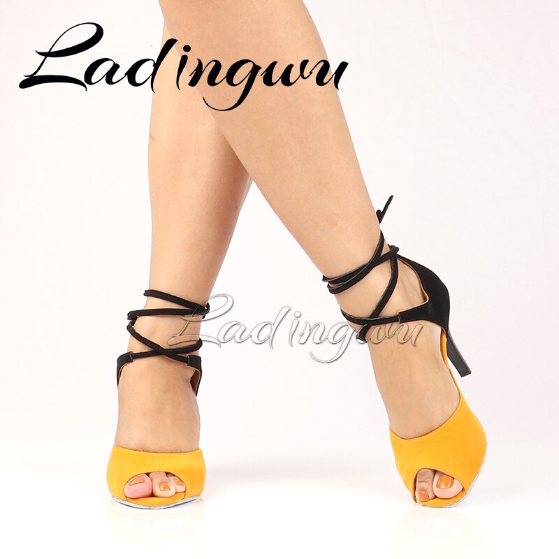 Ladingwu Latin Dance Schuhe Beige Gelb Wildleder Salsa Tanz Schuhe Indoor Sport Tanz Schuhe Berufs Dance Schuhe Metall Ferse 8c