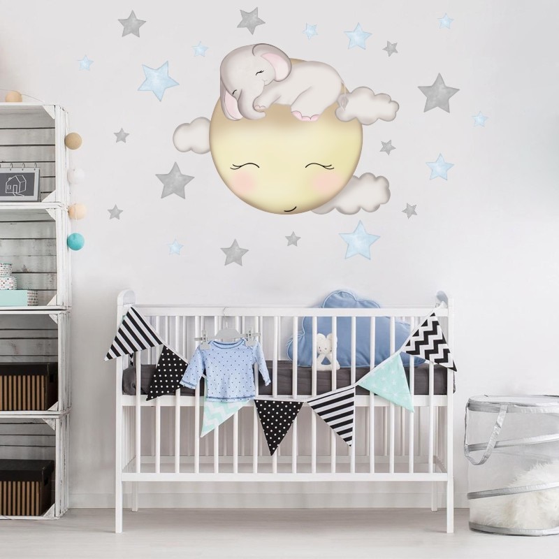 Cartoon Olifant Sterren Muurstickers Voor Kinderkamer Baby Kinderkamer Decoratie Muurstickers Cloud Moon Stars Huis Stickers