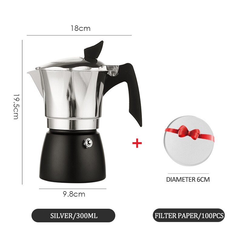 150/300ml Moka Coffee Pot Coffee Maker Aluminum MochaEspresso Pot Italian Coffee Machine Rapid Stovetop Coffee Brewer Cafe Tool: black 300ml