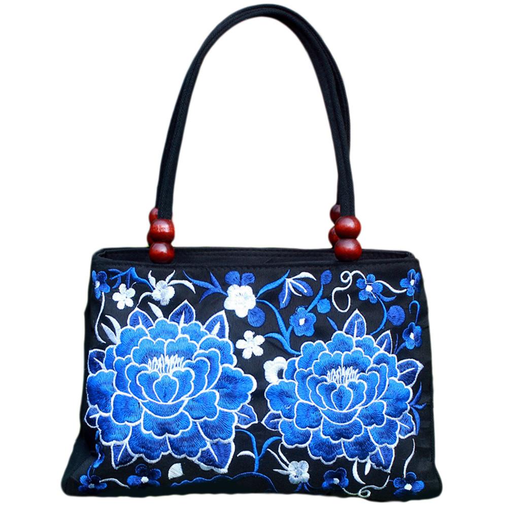 Women's Tote Bag - Floral Embroidered Canvas - Zipper Closure - Shoulder Top-Handle - Vintage Style: F