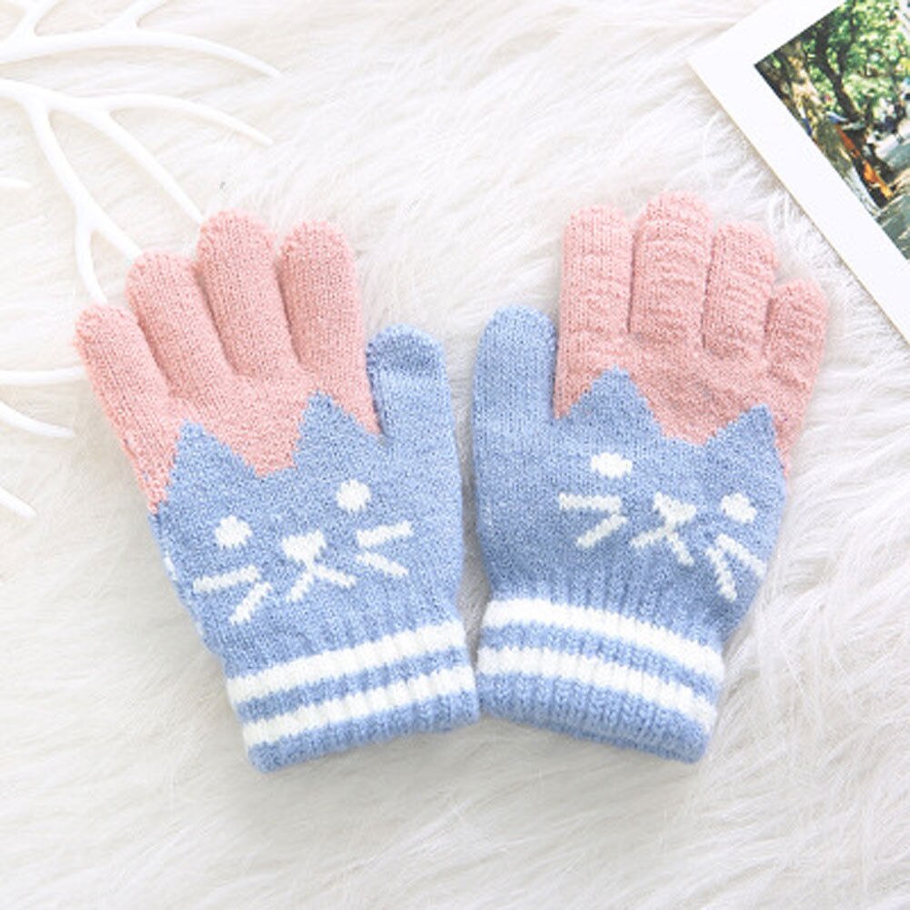 1 Paar Kinderen Kids Jongens Meisjes Warm Cartoon Leuke Kat Wanten Winter Handschoenen: Blauw